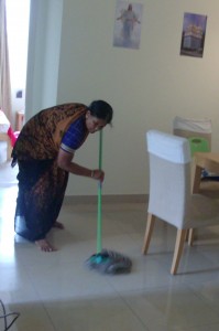 Frugal Foreigner cleaning floor