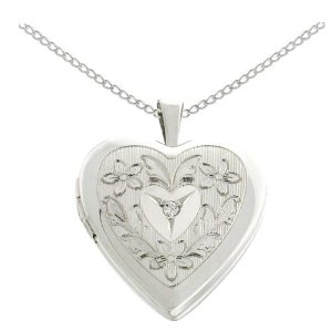 Sterling Silver Diamond Accent Flowers and Leaves Heart Locket Pendant, 18"