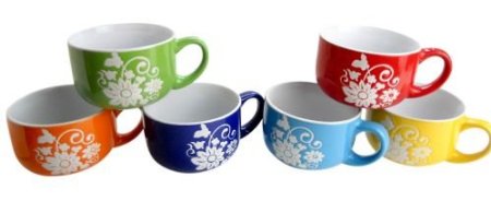 Set of 6 Jumbo-Sized 14 Ounce Colored Ceramic Coffee Mugs